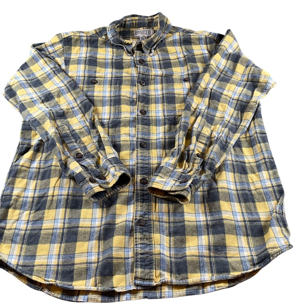 Duluth Trading Co. Mens XL Flannel Shirt Yellow Blue Plaid Button Up Long Sleeve